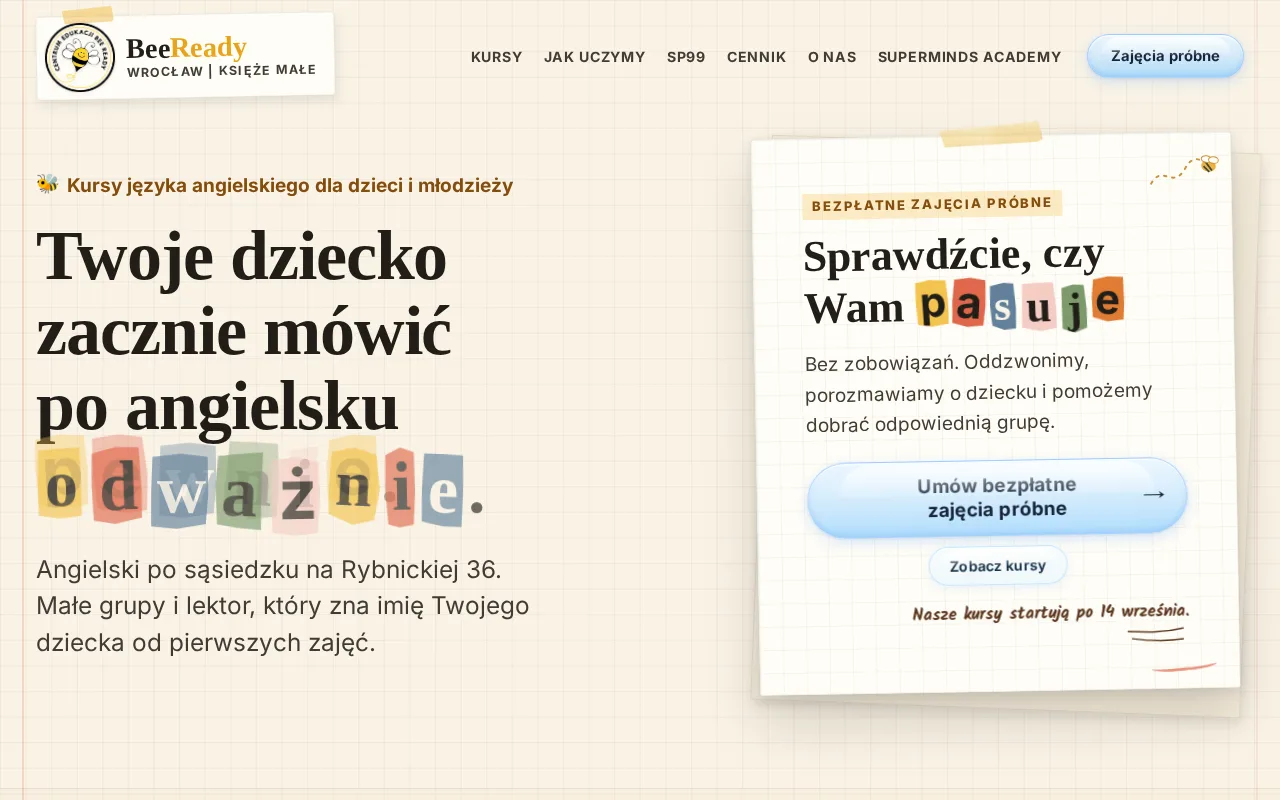 Pierwszy ekran strony BeeReady: kremowy papier w kratkę, nagłówek o nauce angielskiego i karta zapisu na bezpłatne zajęcia próbne.