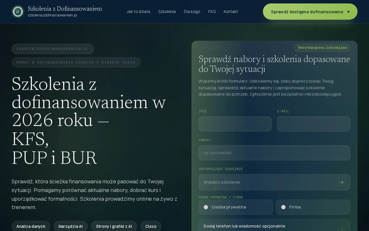 Pierwszy ekran strony Szkolenia z Dofinansowaniem: granatowo-zielone tło, szeryfowy nagłówek o KFS, PUP i BUR oraz formularz sprawdzenia naborów.